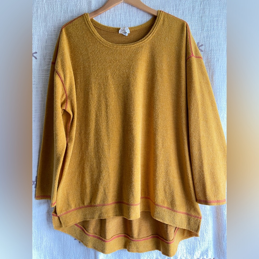 Natural Life oversize fleece sweater L mustard yellow crewneck split hem relaxed